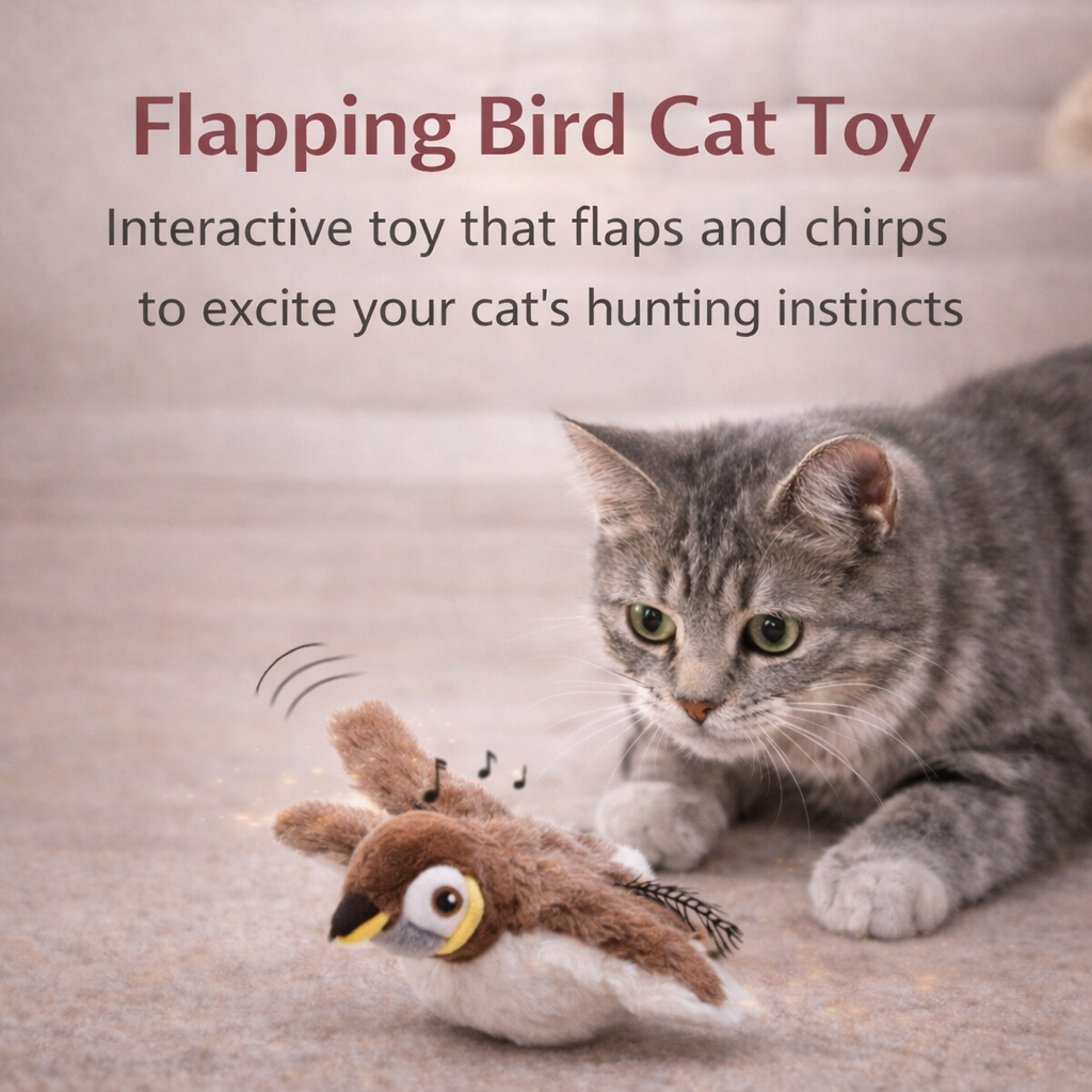 Cat playing with a flapping bird toy on a carpeted floor.