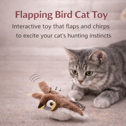 Cat playing with a flapping bird toy on a carpeted floor.