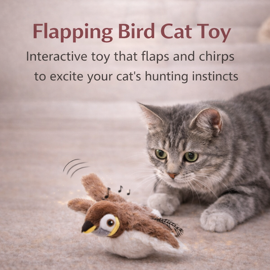 Cat playing with a flapping bird toy on a carpeted floor.