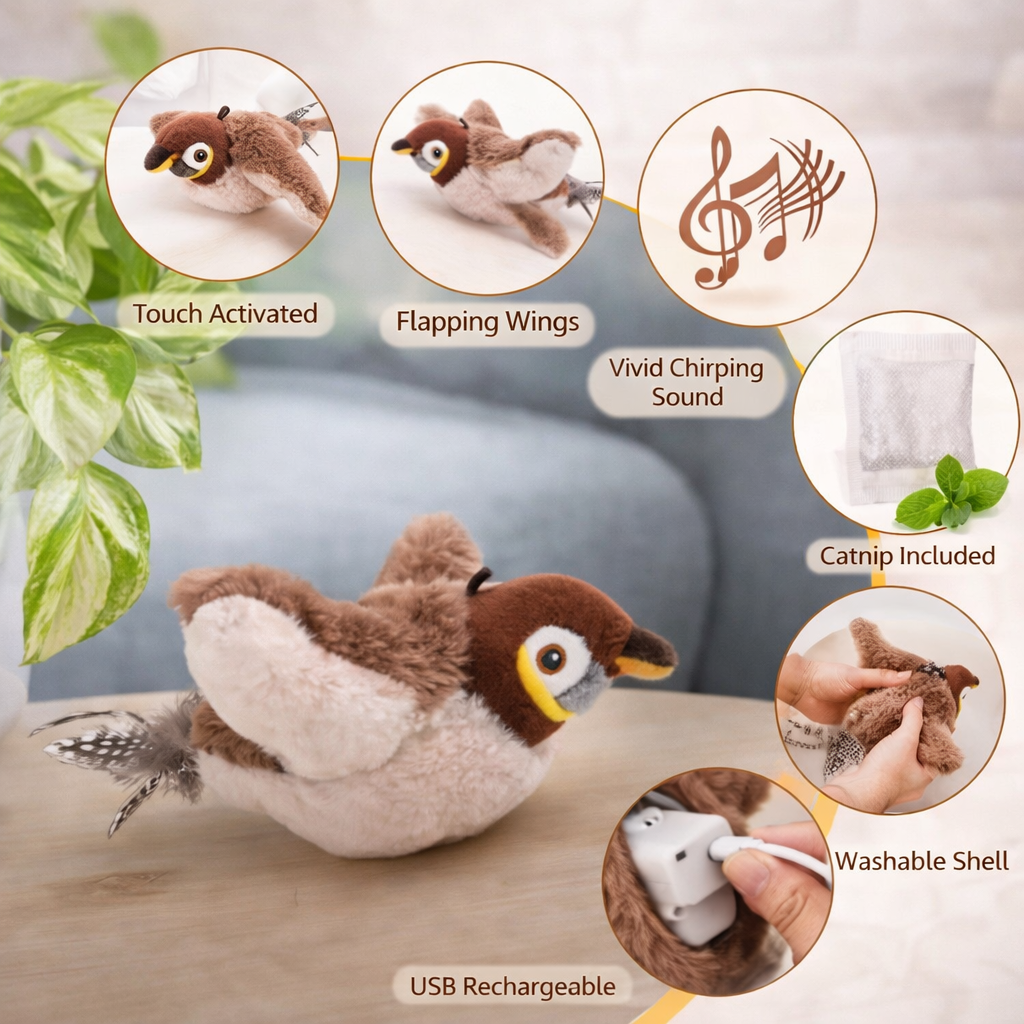 Plush toy bird with features highlighted on a light background