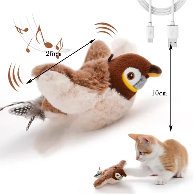 Cat toy resembling a bird with measurements and a cat interacting with it on a white background
