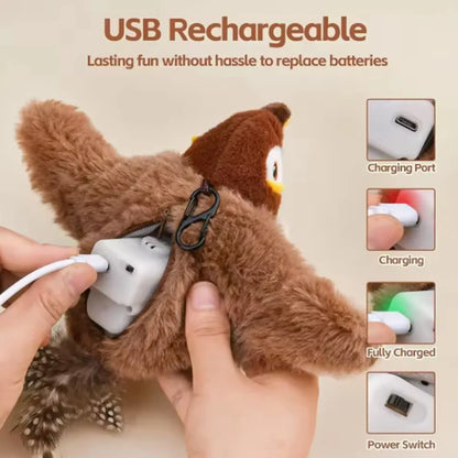 USB rechargeable plush toy with charging port and power switch illustration